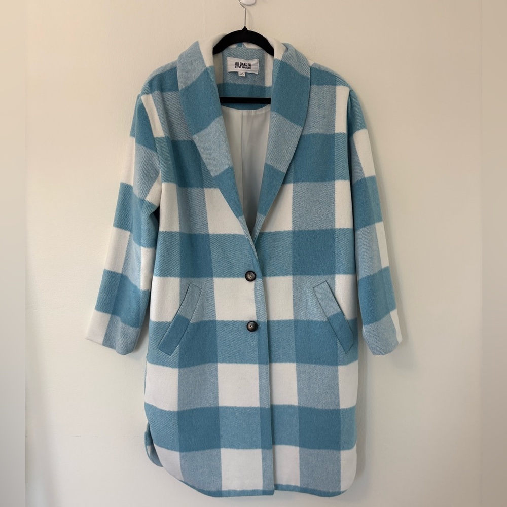 BB Dakota By Steve Madden Blue & White Buffalo Check Long Coat Womens Medum